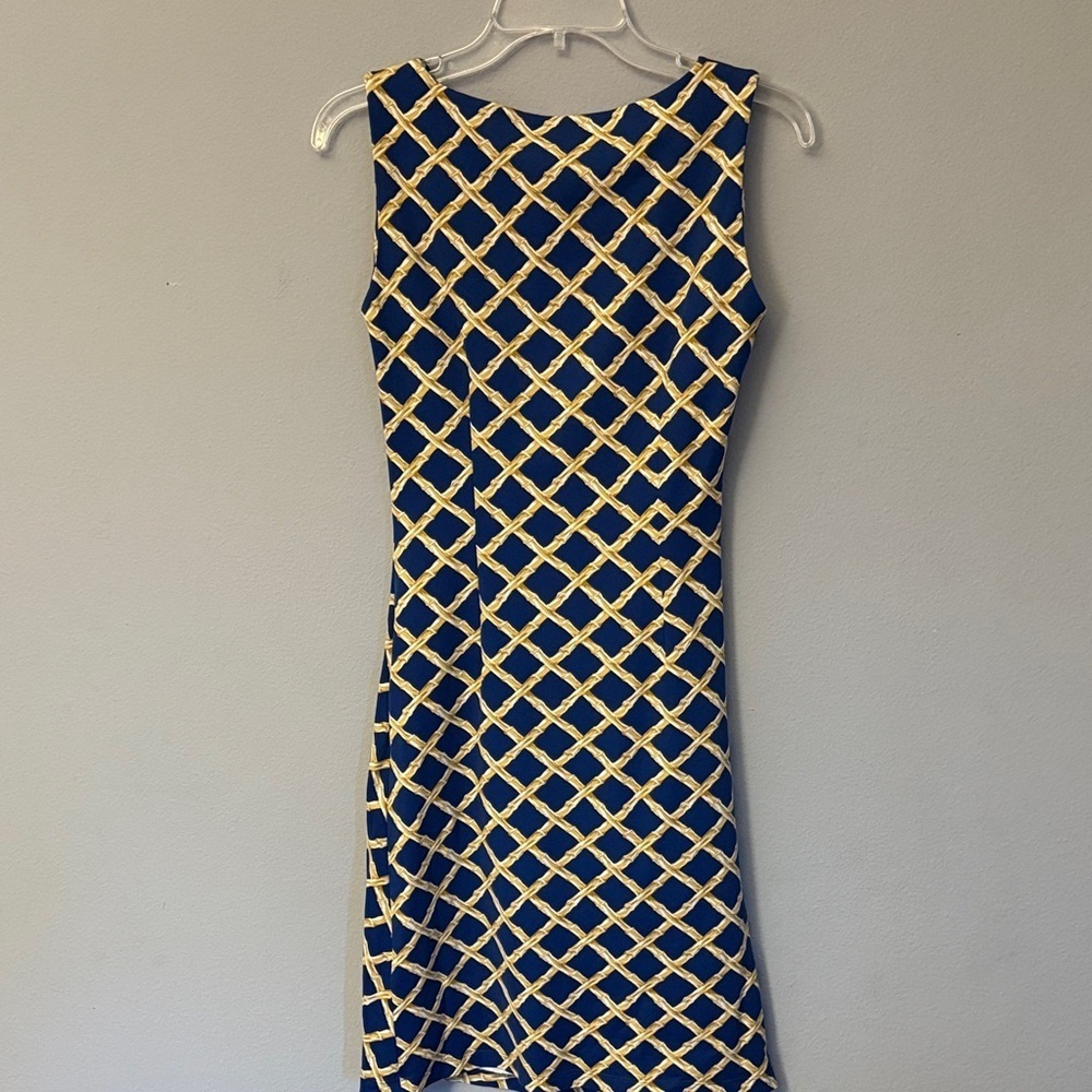 Elegant Navy and Gold Lattice Midi Dress XS J McLaughlin - Picture 3 of 5
